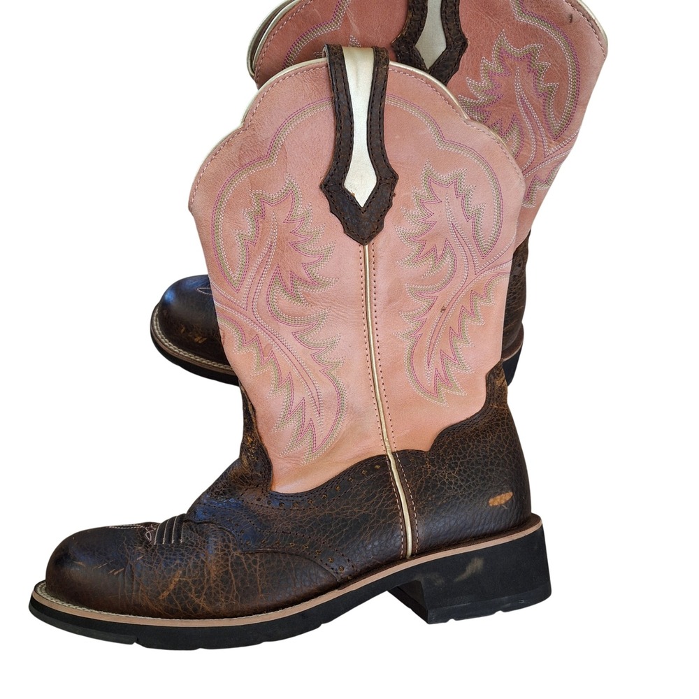 Ariat Fat Baby Round Toe Cowgirl Boots Pink Brown Two Tone Stitched 10B